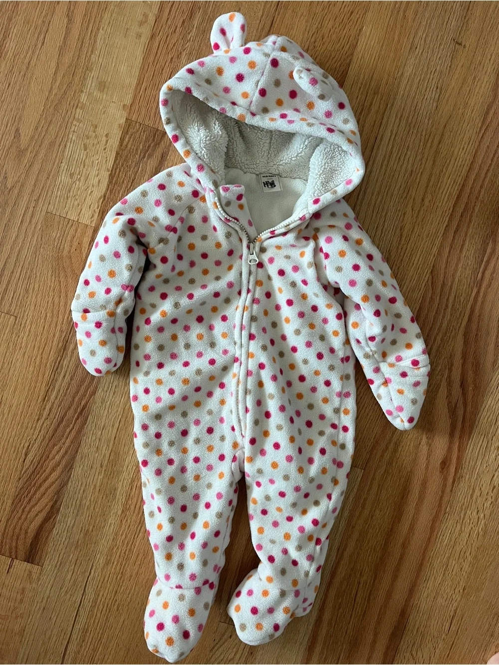 Fleece White Polka Dot Baby snowsuit Hood